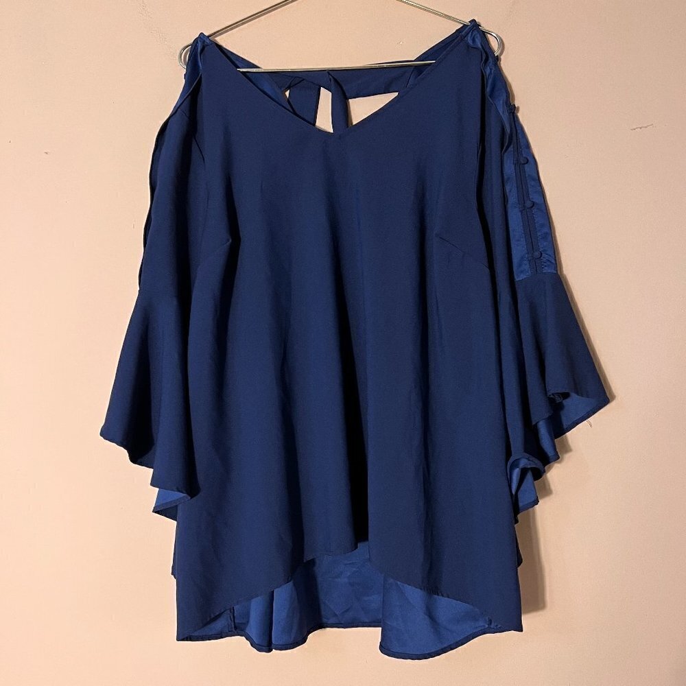 Lane Bryant Plus Navy Big Bell Sleeve V-Neck Blouse
